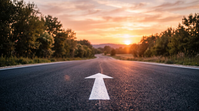 Scenic road leading straight into a brilliant sunset horizon with a white arrow marking the path to hope progress and new beginnings