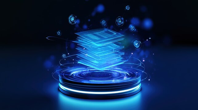 A glowing digital document stack floats above a technological platform with holographic interface elements. Ideal for data management and cybersecurity business concepts.