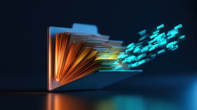 A digital file folder releases glowing data packets in a dark space. This represents cloud computing and efficient information transfer for modern business technology.