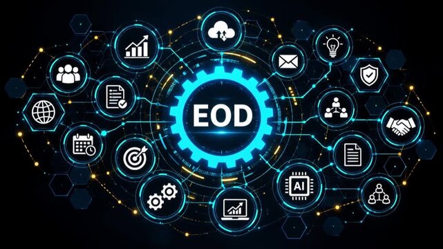 EOD, business concept. Modern business technology interface with gears and digital network icons. 4k animation video