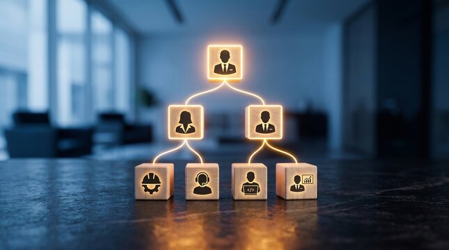 Organizational hierarchy structure represented by glowing wooden blocks showing corporate team management and employee roles