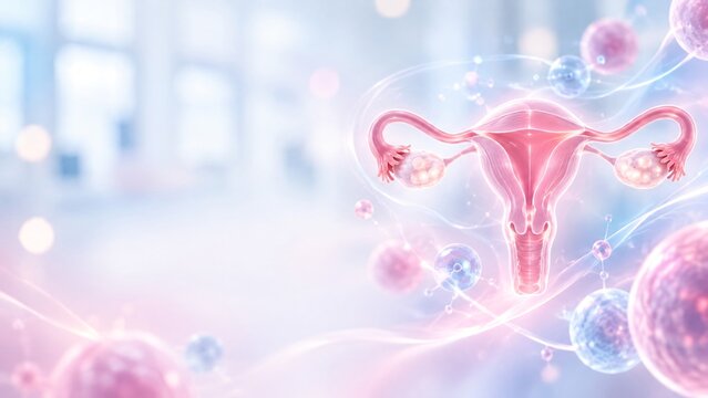 Female reproductive system with uterus and ovaries amid cellular forms. Uterine anatomy and gynecology. Fertility, conception and pregnancy health. Medical biology illustration