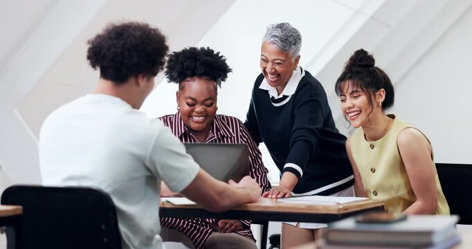 Lecturer, students and high five in college with laptop, education and happy with assignment grade. Teacher, people and smile in university class with computer, celebration or well done for pass mark