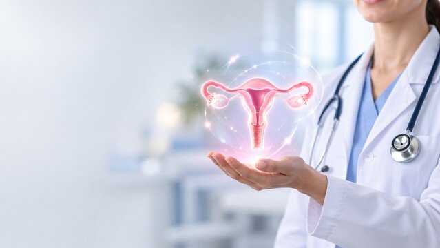 Medical professional holding glowing uterus illustration in clinic. Womens reproductive health and gynecology care. Fertility, menstrual health and anatomy education. Healthcare awareness.