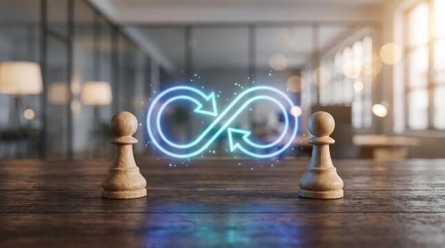 Glowing neon infinity loop symbol hovering between two wooden chess pawns on a rustic table surface