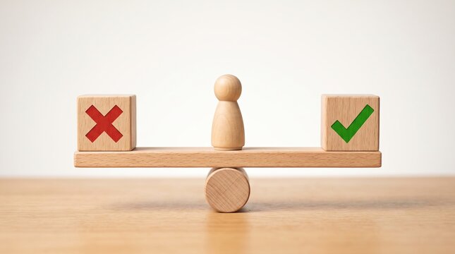 Wooden peg doll balancing between right and wrong blocks showing choices, dilemmas, decisions, and ethical judgment