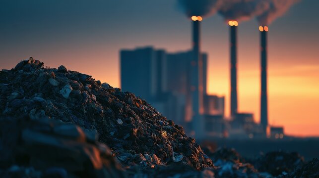 A pile of industrial waste sits in the foreground with a smoke-emitting power plant at sunset. Concept for environmental impact and industrial pollution awareness.
