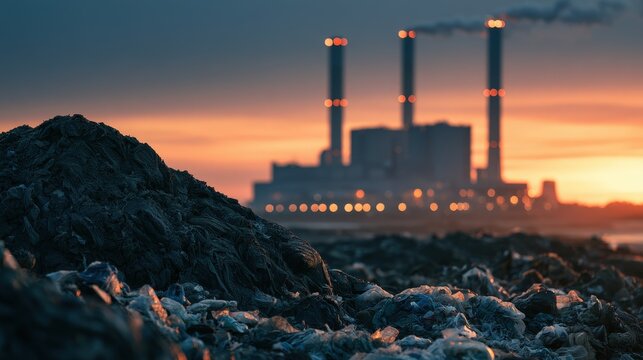 A massive pile of waste sits in the foreground with an industrial power plant silhouette during sunset. Industrial pollution concept for environmental crisis stories.
