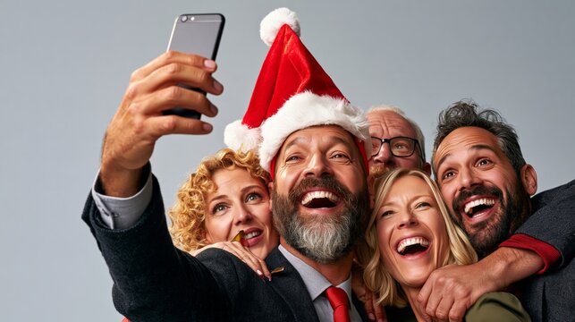 Funny colleagues crammed together for a group selfie in office kitchen, elbowing and laughing, humorous office party photo