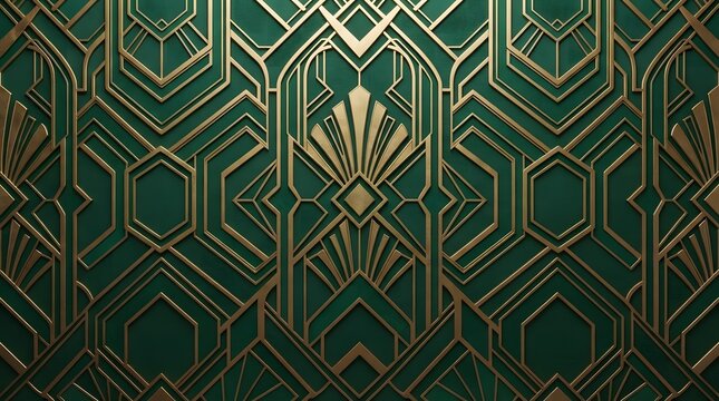 Elegant art deco background with intricate gold geometric patterns on a rich emerald green surface