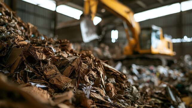 Excavator moving large pile of paper scrap in industrial recycling facility. Represents sustainability and waste management operations for eco-friendly business.