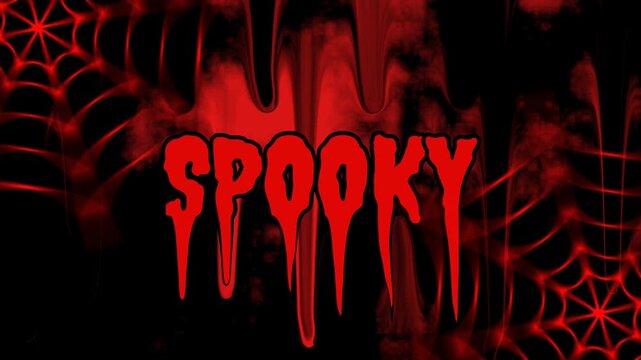 Spooky Halloween text animation with creepy red dripping letters and dark spider web background.