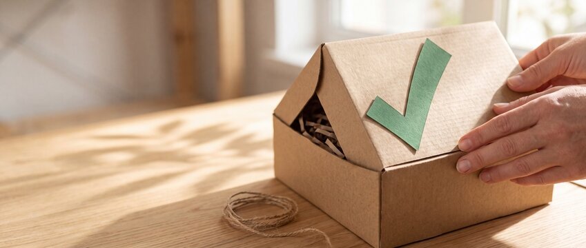 Hands holding a house shaped cardboard box with a green checkmark symbol on a wooden table representing approved home loan and sustainable eco friendly living