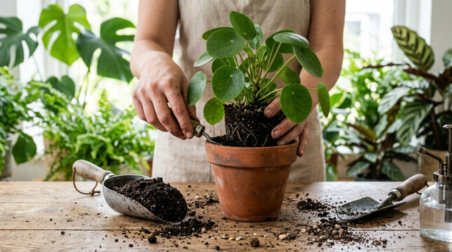 Repotting a Chinese Money Plant, Pilea Peperomioides, in a terracotta pot