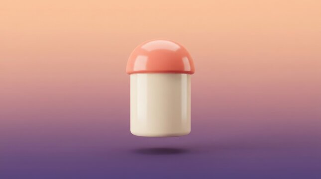 3D render of a simple minimalist cylindrical pill shape with a smooth round coral orange top cap
