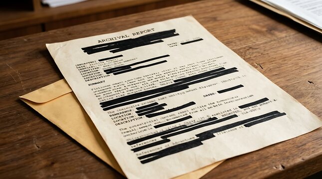 Archival report document with black redacted text on a walnut desk