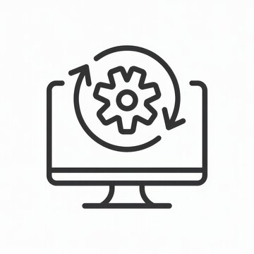Minimalist line art icon of a computer monitor with a gear and circular arrow symbol