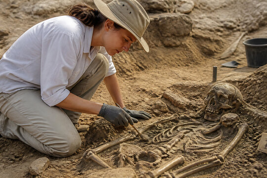 A female archaeologist is carefully excavating a human skeleton in an archaeological dig site.