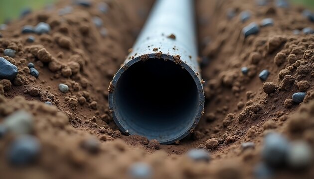 Black industrial pipe laying in a dirt trench for underground utility installation project.