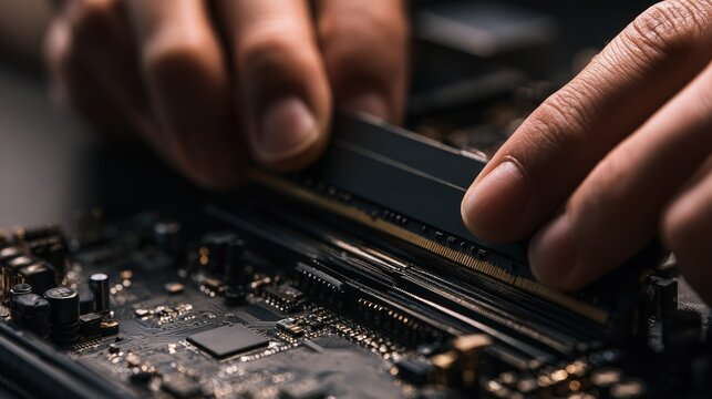 A technician inserts a RAM memory module into the motherboard slot under warm studio lighting. Perfect for hardware repair and computer assembly tutorials.