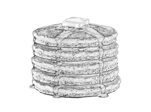 Vintage pencil sketch stack of pancakes with butter, hand drawn pancake stack illustration, vintage breakfast food graphic art isolated PNG with Transparent Background