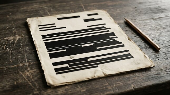 Censored document with black redacted lines on aged paper, wooden desk