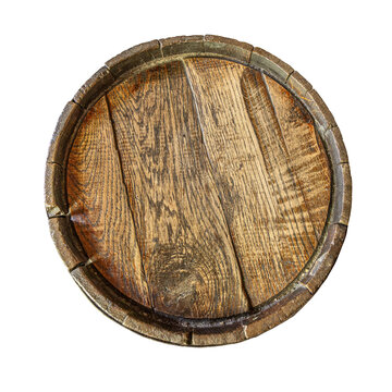 Top view of a rustic wooden barrel lid, old oak barrel head isolated in transparent background.