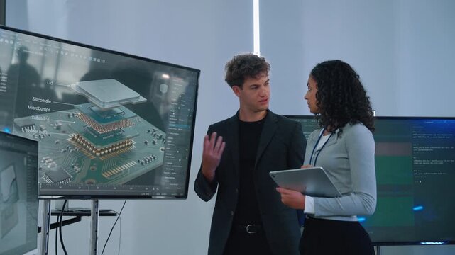 Two engineers discussing semiconductor chip design and reviewing project information on a tablet beside digital electronics displays in a modern technology laboratory.
