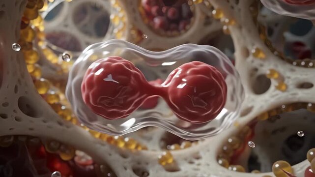 Microscopic bone marrow: cellular development, hematopoiesis concept, biological tissue, erythrocyte production, stem differentiation, medical science.