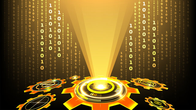 Abstract glowing yellow technology background with a central gear system and binary code for digital cyber network banners, futuristic machine posters, and modern desktop wallpaper.