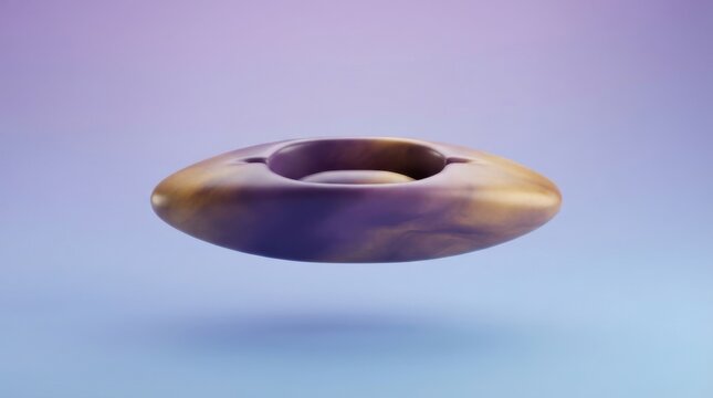 Abstract 3D rendered oval shape with smooth purple and gold marble texture floating against a soft