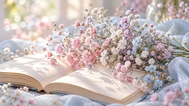 Open book with pastel flowers arranged across its pages. Floral still life with a romantic literary theme. Reading, poetry and storytelling concept. Springtime inspiration.
