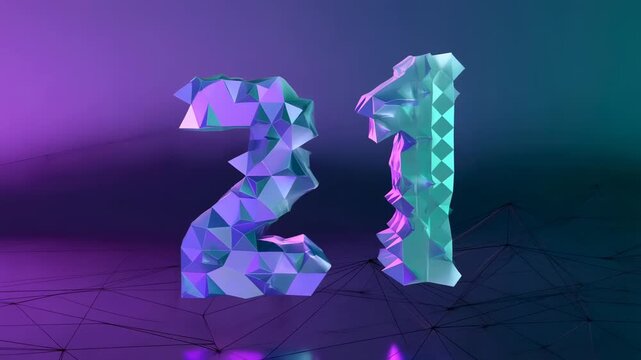 Floating polyhedral numbers countdown in glowing gradient space with translucent faceted numbers