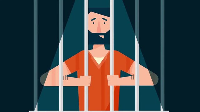 Sad bearded prisoner wearing an orange jumpsuit holding onto vertical prison bars inside dark confinement cell motion video footage