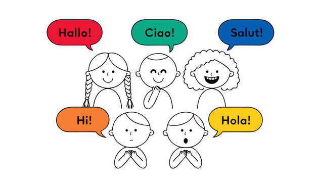 Five diverse kids greeting each other: Hallo, Ciao, Salut, Hi, Hola on white background