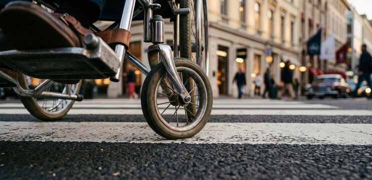 Wheelchair Crossing a Busy City Street, Urban Accessibility and Independent Mobility Concept