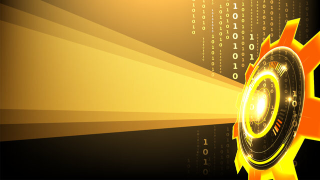 Abstract glowing yellow technology background with a side gear emitting bright beam and binary code for digital cyber banners, futuristic machine posters, and modern desktop wallpaper.