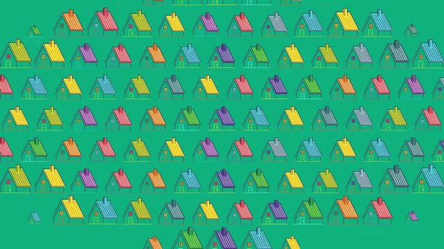 Colorful small houses multiplying across green background motion graphics vector animation video clip
