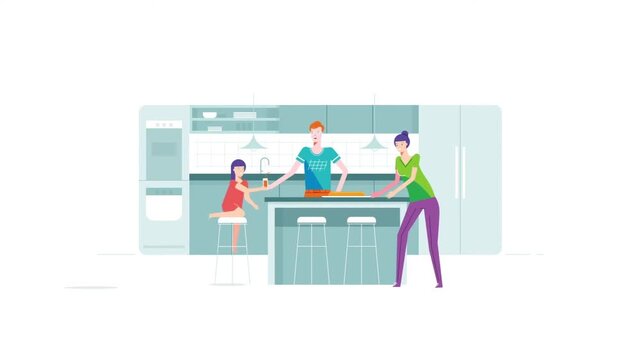 Family cooking together in modern kitchen animated vector video footage with flat style characters in motion