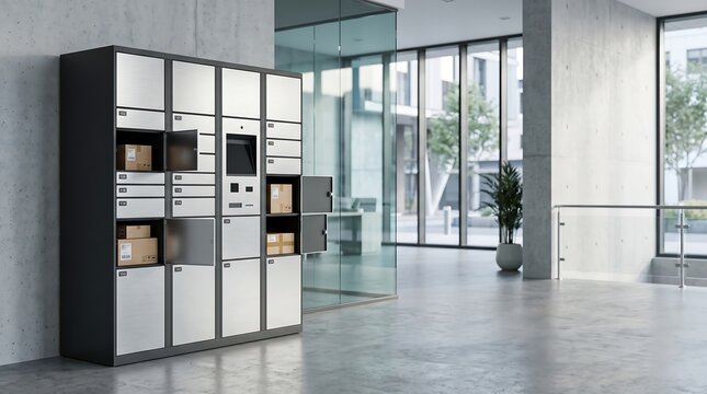 Modern electronic parcel locker system with touch screen and open compartments in office building.