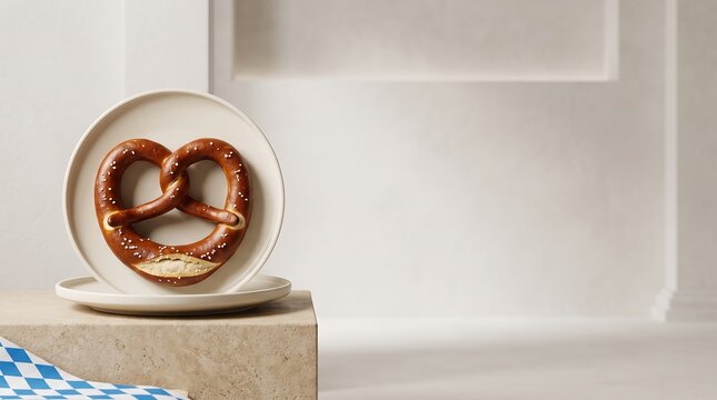 Heart shaped pretzel with salt crystals on a plate for snacking.