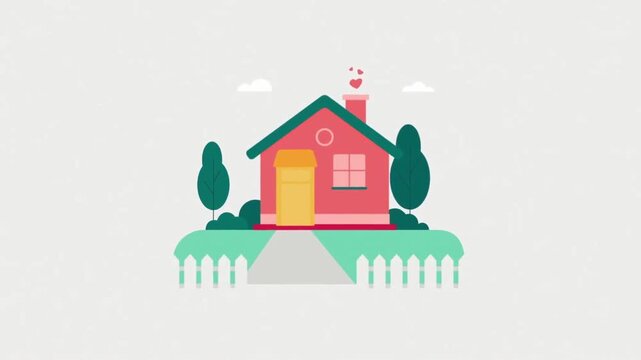 Charming red suburban house vector animation with trees and path featuring cute floating hearts motion clip