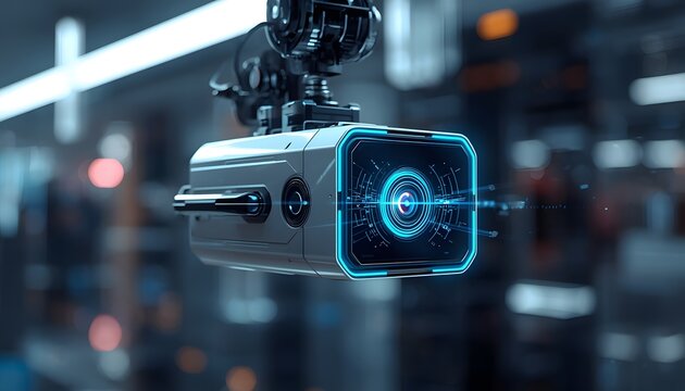 Autonomous AI vision camera robot suspended in a modern industrial facility