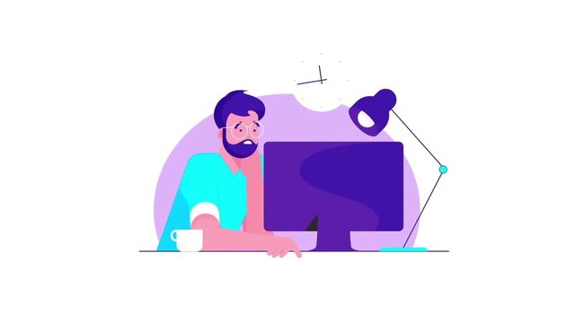 Bearded man working at computer desk with desk lamp and coffee cup in animated vector video clip