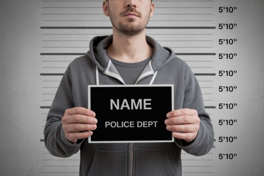 Man holding a police mugshot sign against a height chart background