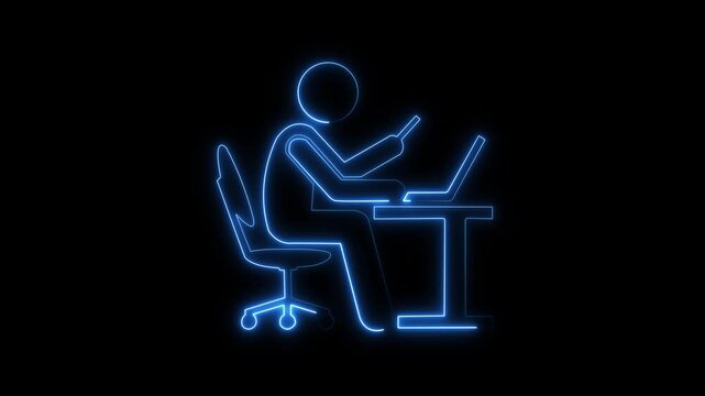 Glowing neon line working on computer icon.Businessman working in the computer icon.Office worker sitting at desk and desk and working on computer icon