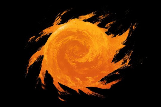Stylized artistic illustration of a swirling orange sun or vortex with dynamic brushstroke textures on a solid black background