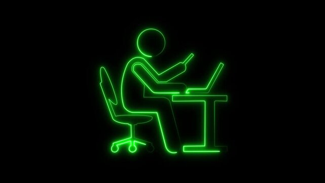 Glowing neon line working on computer icon.Businessman working in the computer icon.Office worker sitting at desk and desk and working on computer icon