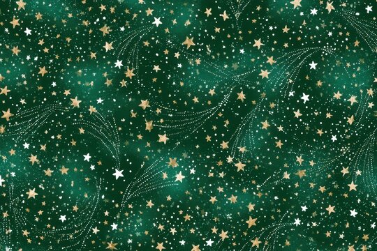 Festive dark green background with gold and white stars and sparkling trails, elegant celestial pattern for holiday wrapping paper or christmas design