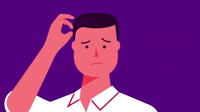 Confused man scratching his head while thinking deeply in vibrant vector illustration animation clip